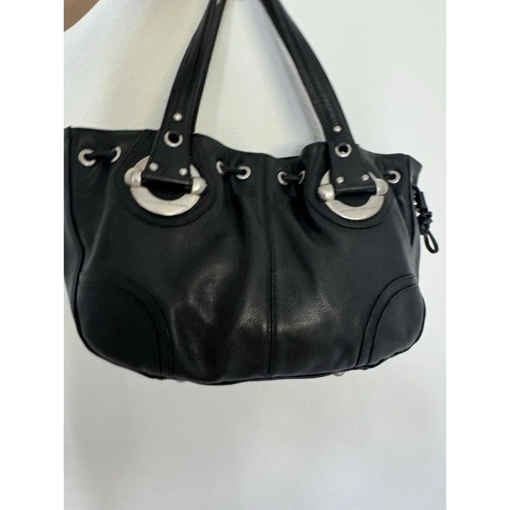 Adrienne Vittadini Black Genuine Leather Shoulder Bag Satchel Tote Silver Y2K